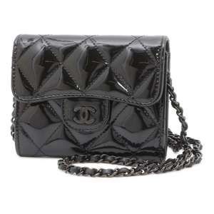 CHANEL Mini Patent Chain Wallet Matelasse Cocomark Black